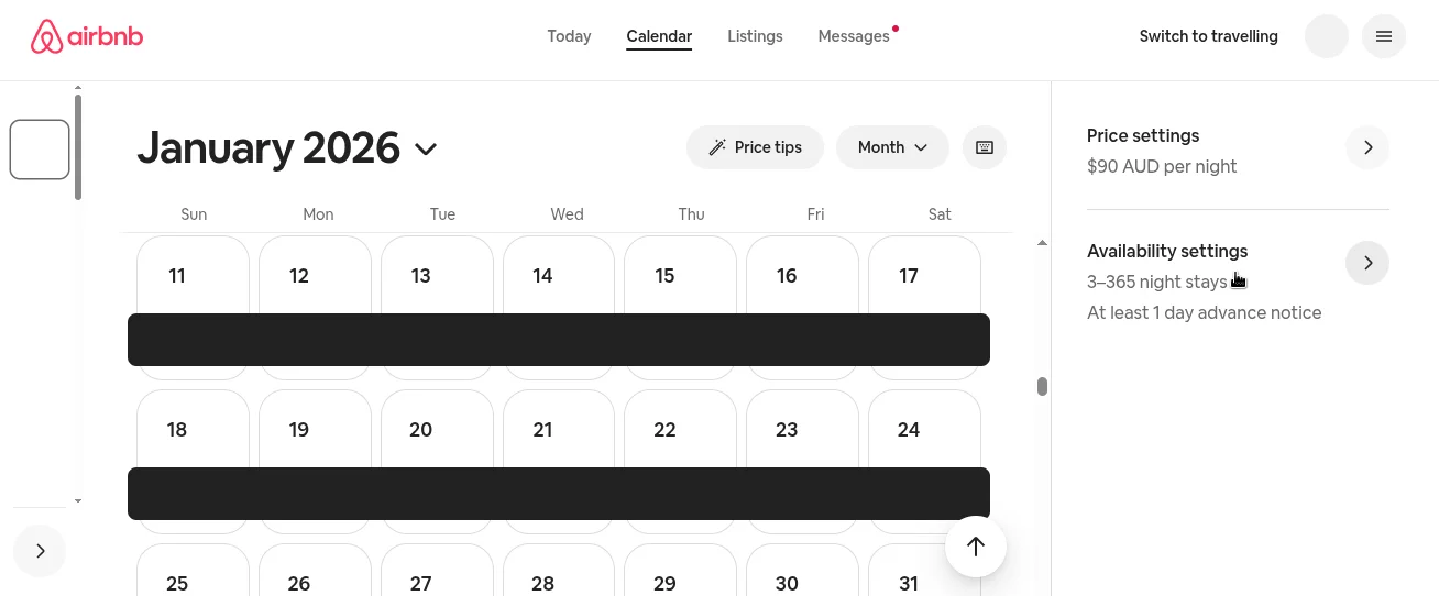 Airbnb single listing calendar view