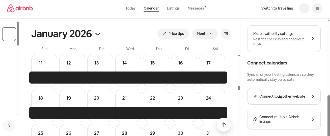Airbnb availability settings with Connect calendars option